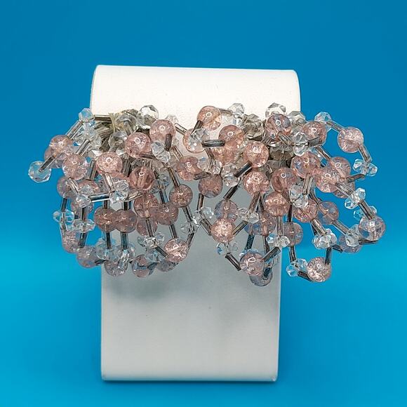 Vintage Pink Clear Waterfall Clip Earrings, Hand-Threaded, 1940s, 2" - Picture 12 of 12